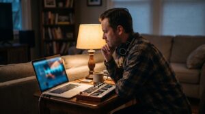 Man at a home desk in the evening thinking over a music course on his laptop, with studio headphones and a small MIDI keyboard