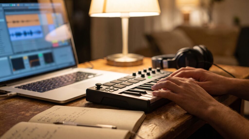 Hands on a small MIDI keyboard beside a laptop and studio headphones on a home desk at night