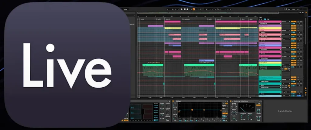 Ableton Live app icon next to its Arrangement View with clips and devices, from Mix Elite's DAW video