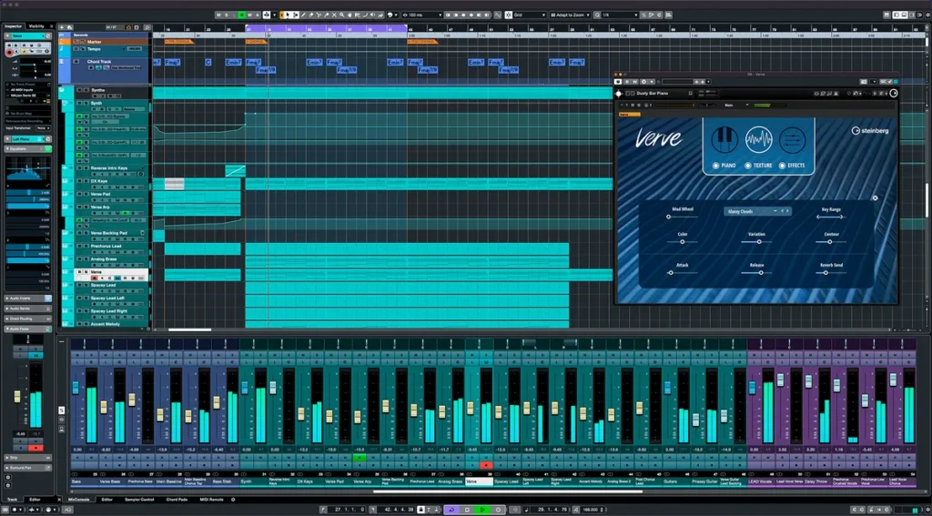 Cubase project window with a chord track, the Verve piano plugin and the MixConsole mixer