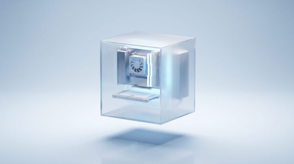Frosted-glass computer case floating on an ice-blue gradient with its processor fan, memory and SSD glowing inside