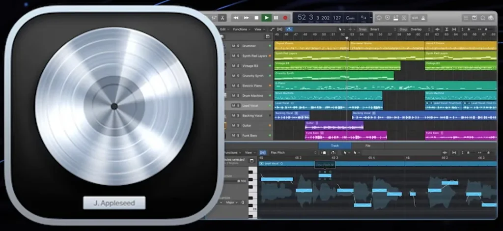 Logic Pro app icon next to its Tracks area and Flex Pitch vocal editor, from Mix Elite's DAW video