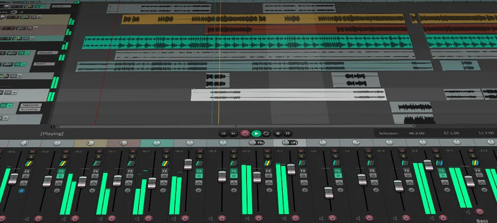 REAPER 7 with colored audio tracks above its mixer, from the official REAPER website