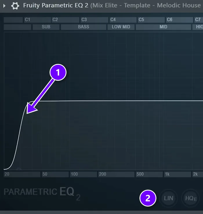 FL Studio Parametric EQ 2 on the master with the low cut and the LIN button numbered 1 and 2