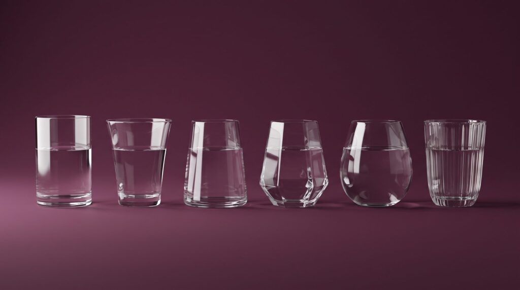 Six differently shaped glasses on a plum backdrop, all filled to exactly the same level, like streaming services playing every song at the same loudness