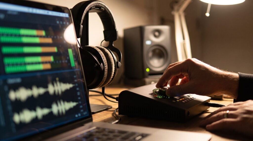 Laptop with glowing level meters, studio headphones and a hand turning a volume knob on a home studio desk at night