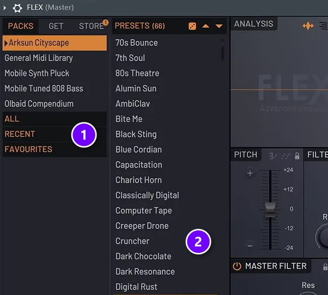 FL Studio FLEX plugin with its packs list numbered 1 and its presets list numbered 2