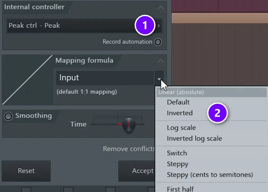 FL Studio Link to controller window with Peak ctrl - Peak (1) and the Inverted mapping formula (2) numbered