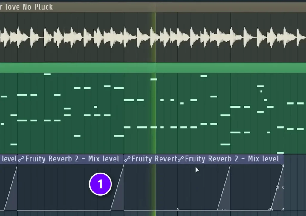 FL Studio Playlist with Fruity Reeverb 2 mix level automation clips rising at the end of every second bar (1)