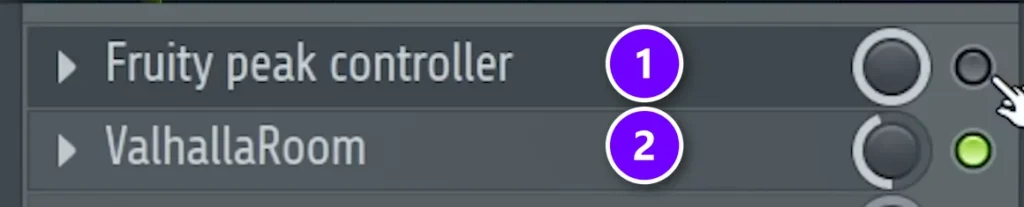 FL Studio mixer slots on a snare with Fruity Peak Controller (1) placed before the reverb (2)