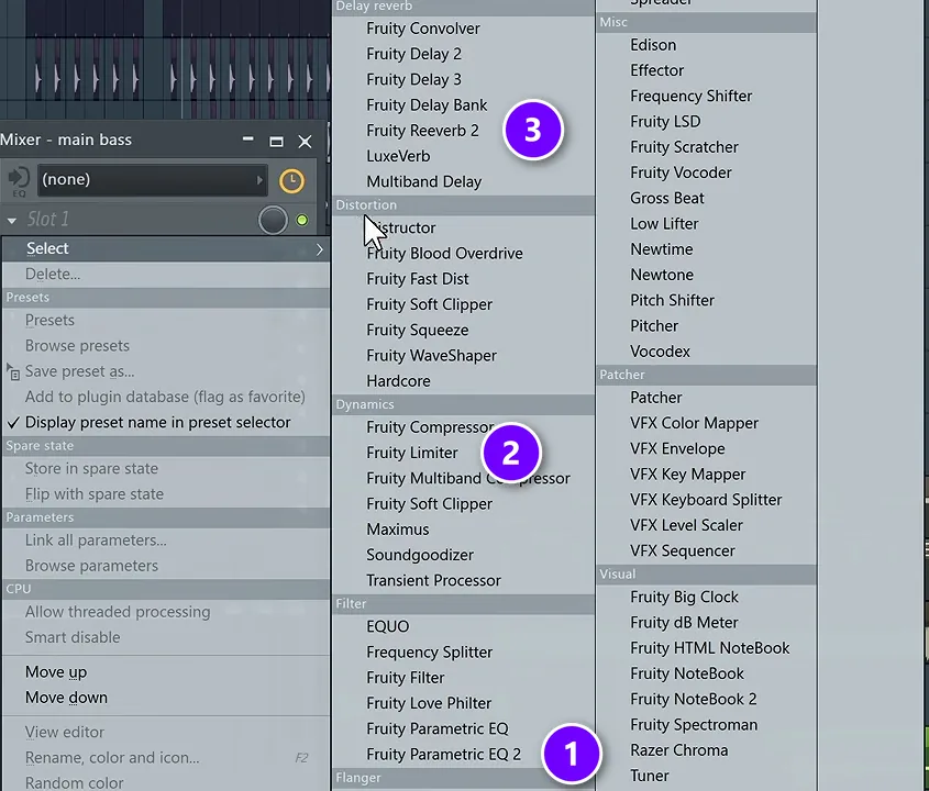 FL Studio mixer slot menu with Fruity Parametric EQ 2 (1), Fruity Limiter (2) and Fruity Reeverb 2 (3) numbered