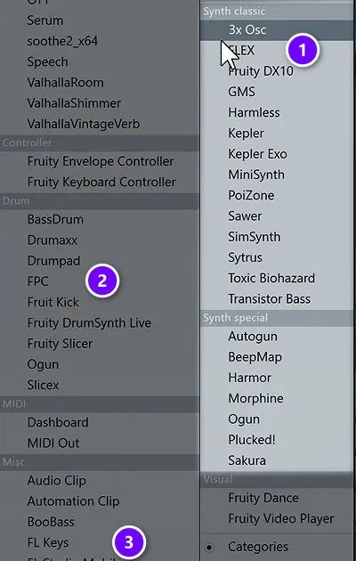 FL Studio Channel Rack add menu with Synth classic and FLEX (1), the Drum group with FPC (2) and FL Keys (3) numbered