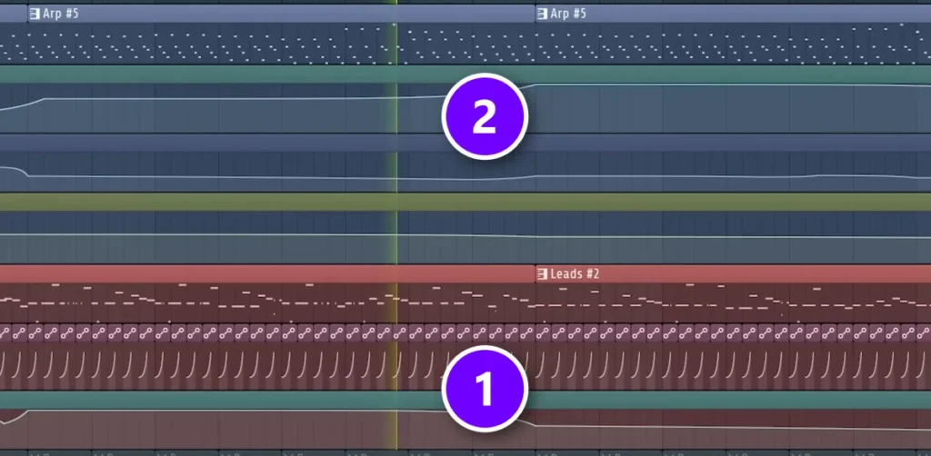 FL Studio Playlist with the lead's filter automation closing (1) while the arp's filter automation opens (2)