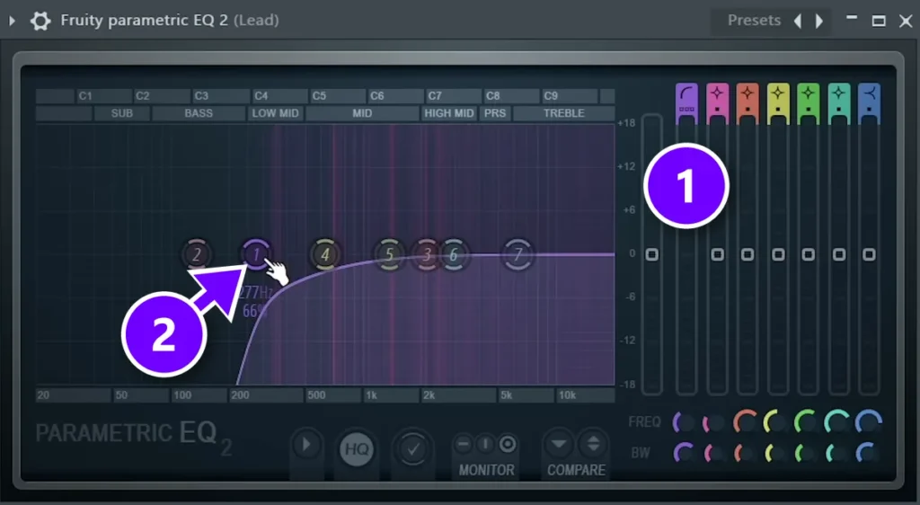Fruity Parametric EQ 2 on the lead with band 1 set to a steep high pass (1) and dragged to a low cut at 277 Hz (2)