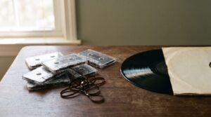 A pile of scuffed cassette tapes with tangled tape next to a glossy vinyl record sliding out of its sleeve, the gap between a rough home demo and a finished record