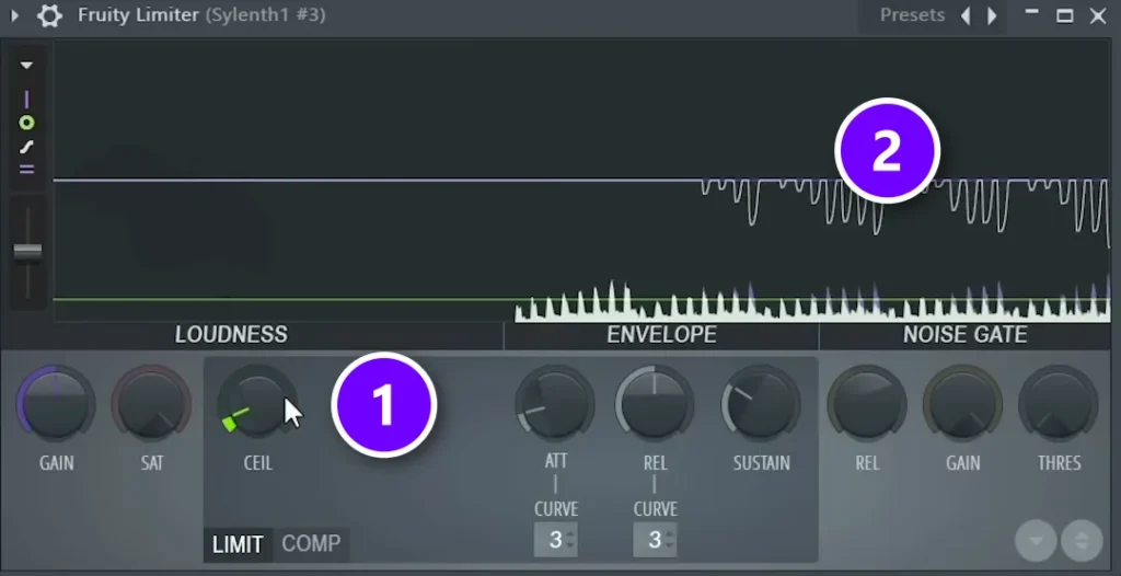 Fruity Limiter on an arp synth with the CEIL knob turned down (1) and the display showing the loudest peaks squashed (2)