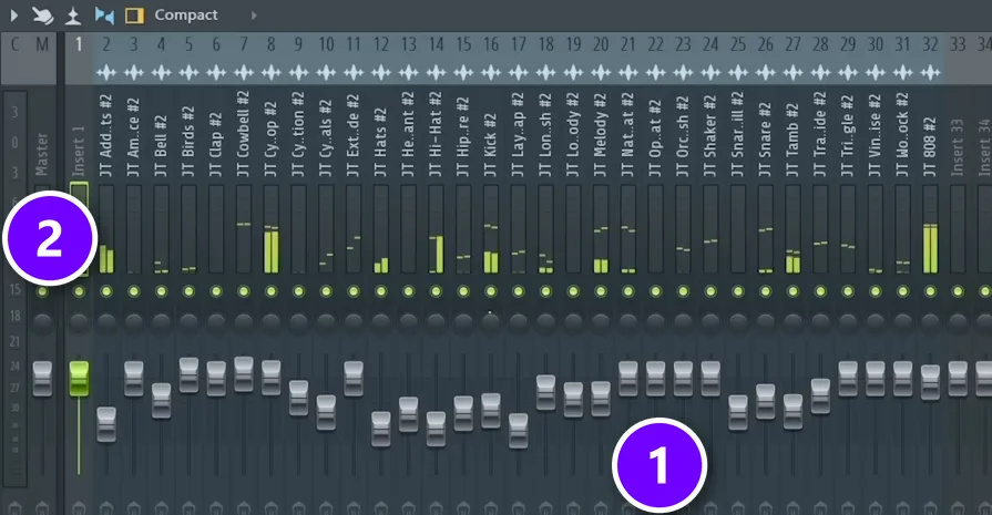 FL Studio Mixer of a balanced beat with the faders at very different heights (1) and the Master track on the left (2)