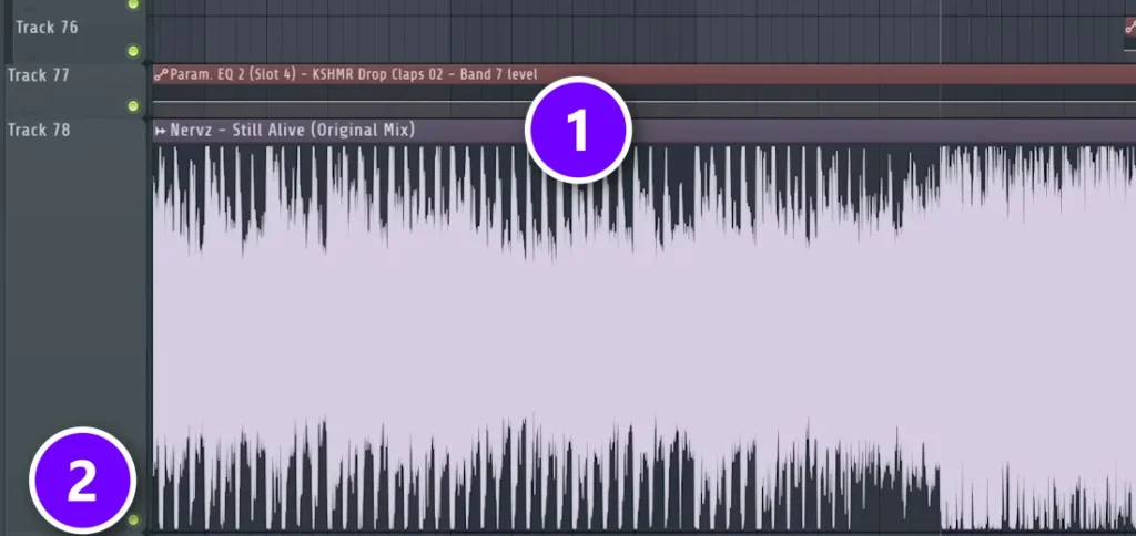 A finished reference song loaded on its own FL Studio Playlist track (1) next to the track's mute switch (2)
