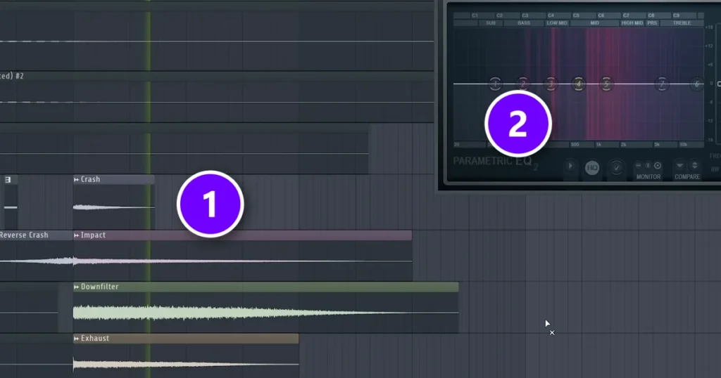 FL Studio Playlist with crash, impact and noise-sweep clips filling the highs (1) and Fruity Parametric EQ 2 on the Master showing the spectrum from SUB to TREBLE (2)