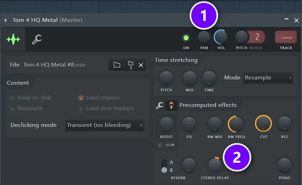 FL Studio Channel settings for a tom sample with the PAN knob (1) and the STEREO DELAY knob under Precomputed effects (2)