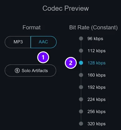 Ozone codec preview with the AAC format and the 128 kbps bit rate numbered 1 and 2