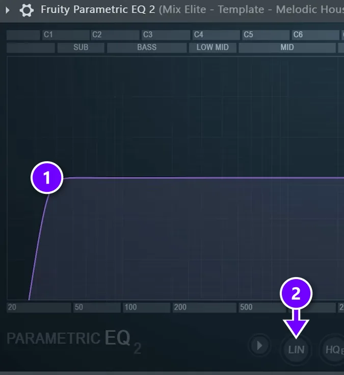 FL Studio Parametric EQ 2 on the master with the low cut and the linear phase button numbered 1 and 2