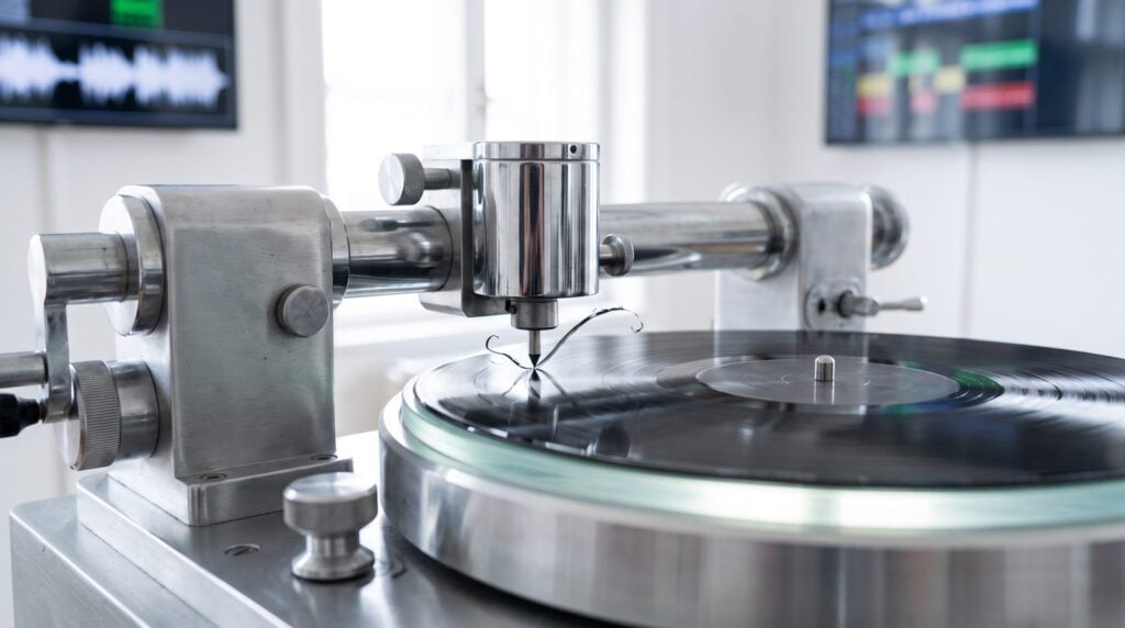 A vintage record-cutting lathe carving the groove into a glossy lacquer disc, the original final polish before a song is released