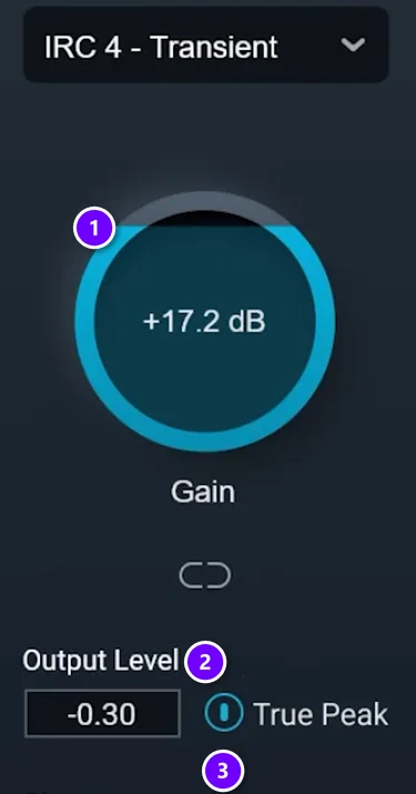 iZotope Ozone Maximizer with gain, output level at -0.30 and the true peak switch numbered 1 to 3