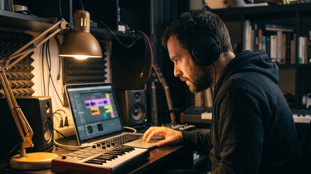 Producer in headphones mastering a song on a laptop between two studio monitors in a home studio at night