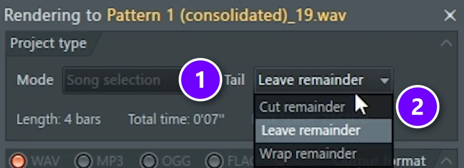 FL Studio consolidate render window with the Tail menu (1) open and Cut remainder (2) numbered