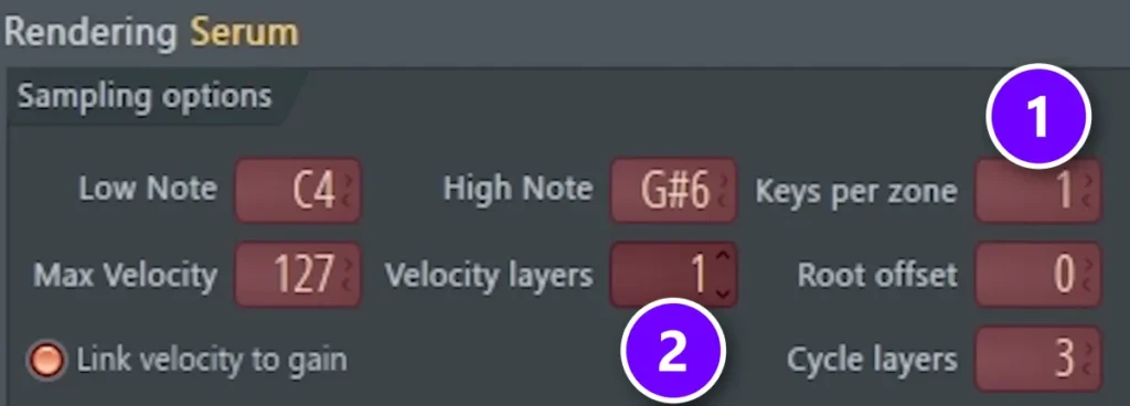 FL Studio DirectWave rendering window with Keys per zone set to 1 (1) and Velocity layers set to 1 (2)