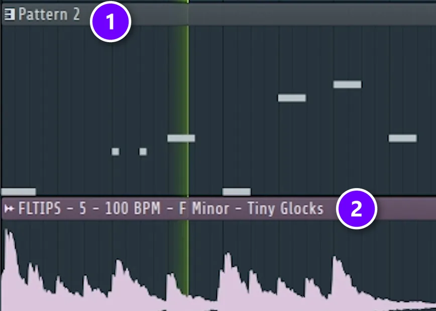 FL Studio Playlist with a new Fruity Slicer melody pattern (1) stacked over the original glockenspiel loop (2)