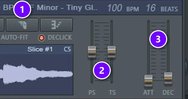 Fruity Slicer window with the knife slicing button (1), the PS pitch slider (2) and the ATT and DEC fade sliders (3) numbered