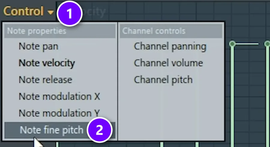 FL Studio piano roll event editor with the Control menu (1) open and Note fine pitch (2) selected