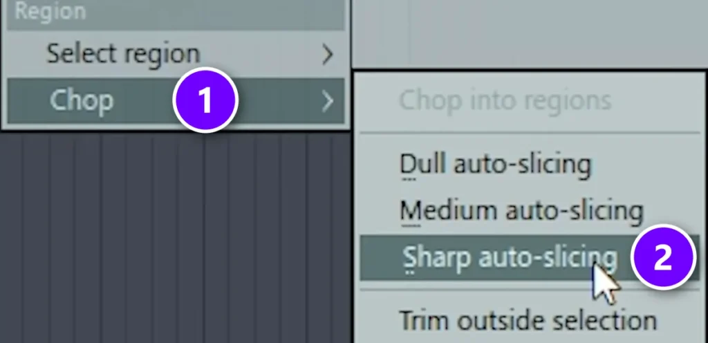 FL Studio Playlist clip menu opened at Chop (1) with Sharp auto-slicing (2) highlighted