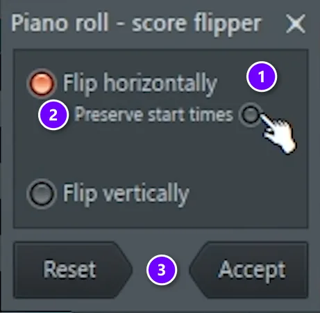 FL Studio piano roll score flipper with Flip horizontally (1), Preserve start times (2) and Accept (3) numbered