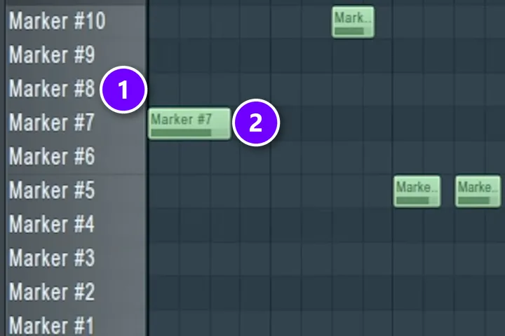 FL Studio piano roll after loading Slicex, with one slice per key named Marker #1 to #10 (1) and a note playing slice 7 (2)