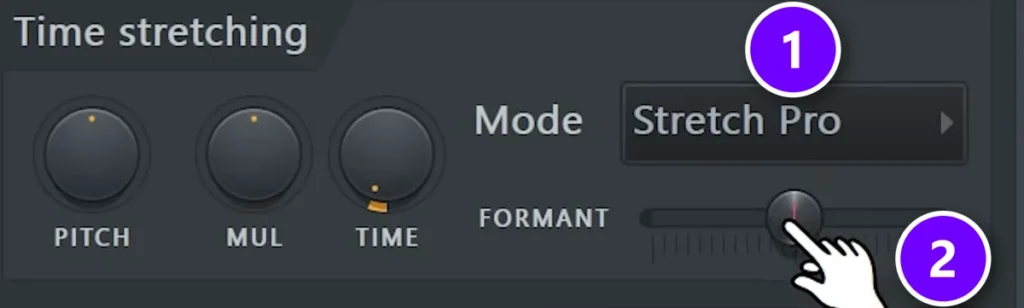 FL Studio sampler Time stretching panel set to Stretch Pro mode (1) with the Formant slider (2)