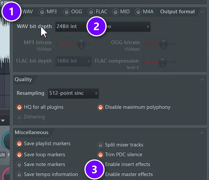 FL Studio export window with WAV selected (1), WAV bit depth set to 24Bit int (2) and Enable master effects (3)