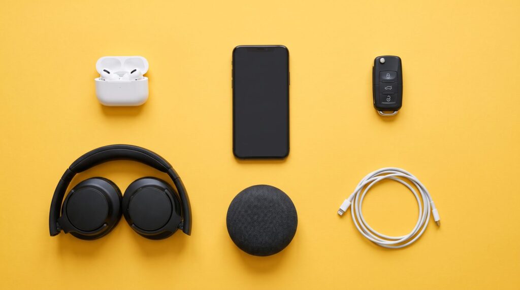 Top-down photo of a phone, wireless earbuds, a car key, a small Bluetooth speaker and folded headphones on a yellow surface: the places one streaming master has to sound right