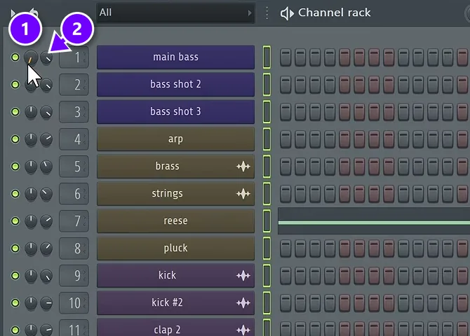 FL Studio Channel rack with a channel's pan knob numbered 1 and its volume knob numbered 2