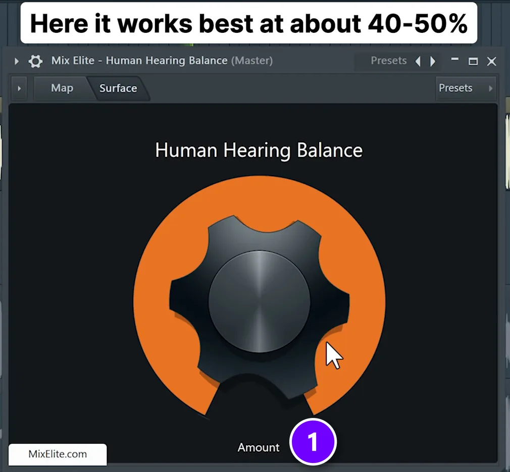 Mix Elite Human Hearing Balance preset in FL Studio Patcher on the Master with its Amount knob numbered 1