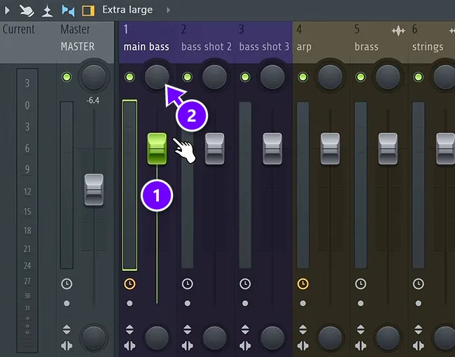 FL Studio Mixer with the main bass track's volume fader numbered 1 and its pan knob numbered 2
