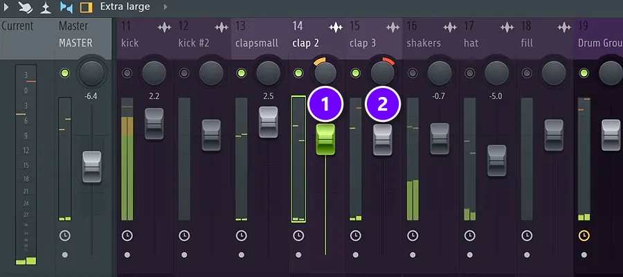 FL Studio Mixer with two clap layers, one panned slightly left numbered 1 and one panned slightly right numbered 2