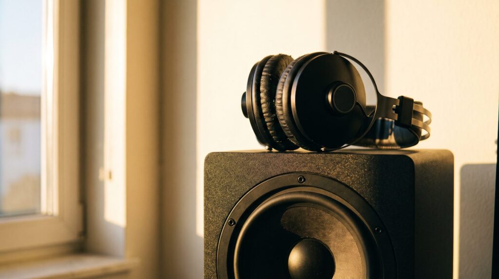 Black studio headphones resting on top of a studio monitor in warm late-afternoon window light