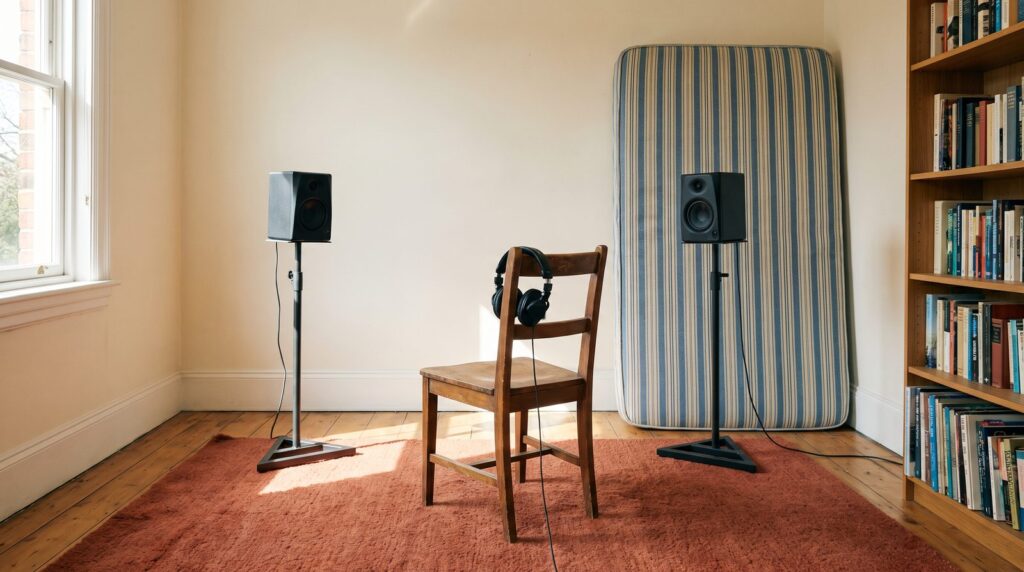 Sunny spare bedroom set up for mixing: two small studio monitors on stands either side of an empty chair with studio headphones hanging on it, an old mattress against the wall and a full bookshelf