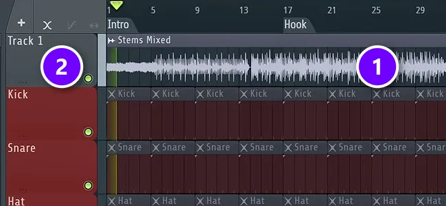FL Studio Playlist with a reference song on Track 1 (1) and that track's green mute switch (2)