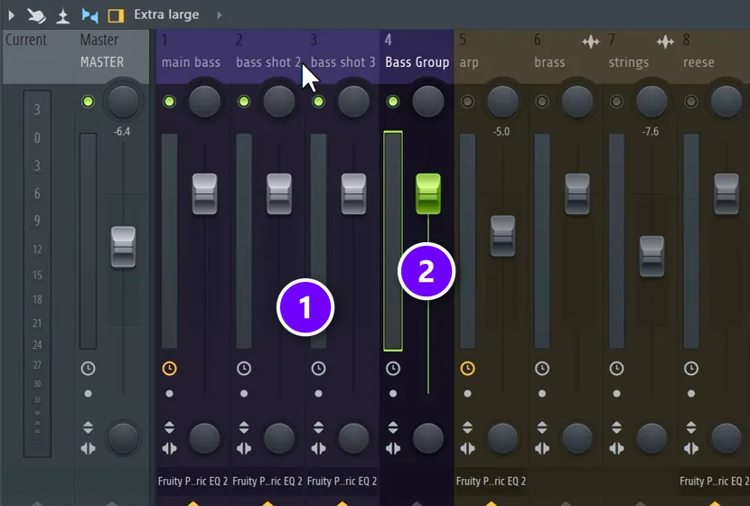 FL Studio Mixer with three bass layers (1) routed into a darker Bass Group track (2)