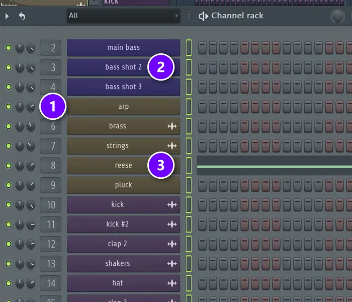 FL Studio Channel Rack after Ctrl+L with a mixer track number on every channel (1), purple bass channels (2) and olive music channels (3)
