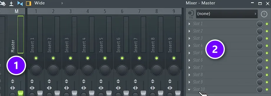 FL Studio Mixer with the Master track selected (1) and all ten of its effect slots empty (2)